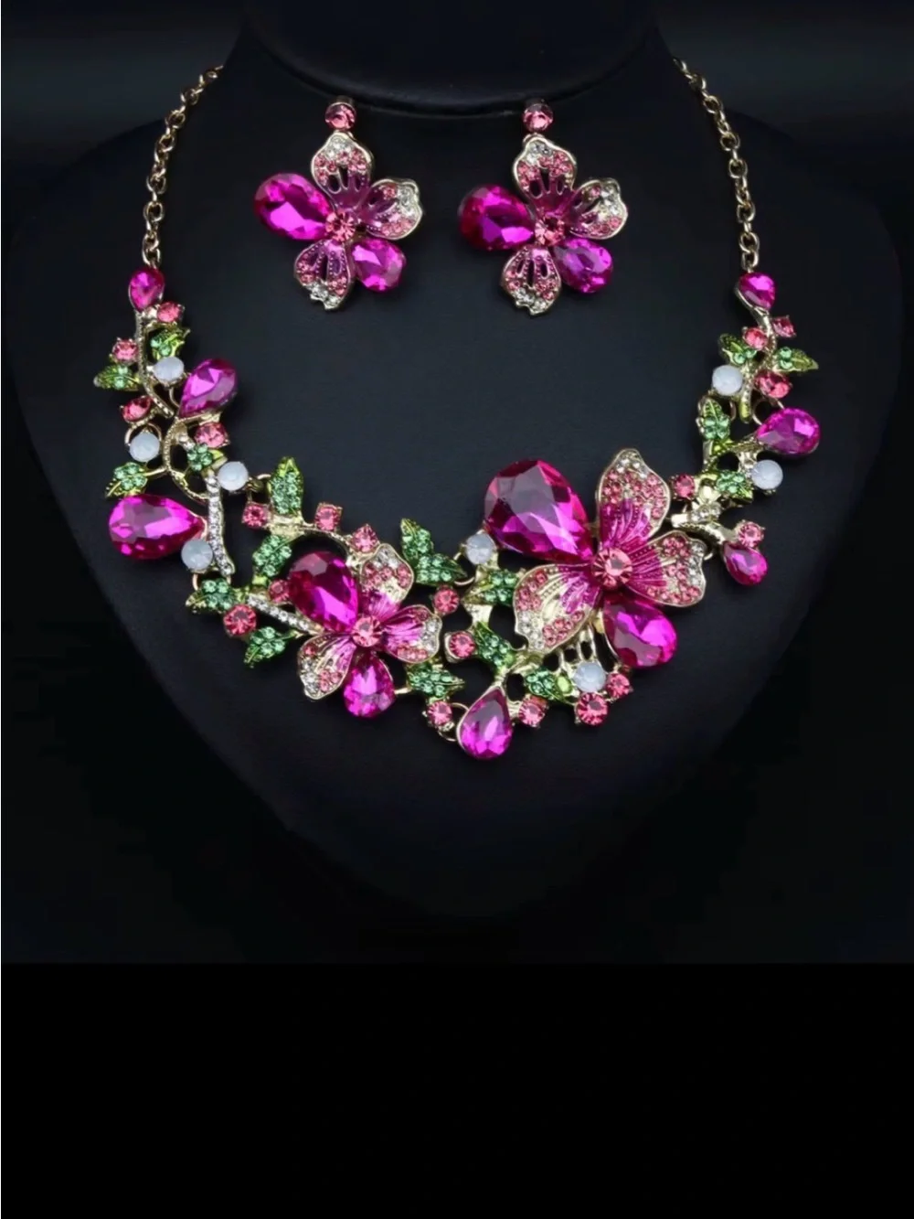Fashion Jewelry Hot Pink Floral Crystal Necklace & Earrings Set Jewelry